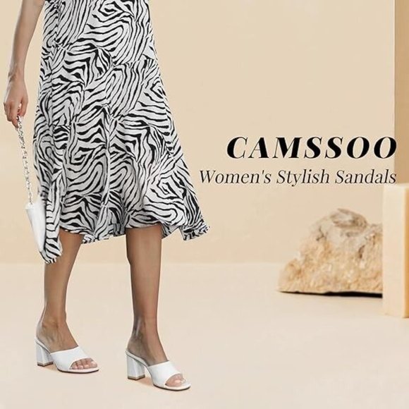 CAMSSOO Women's Heeled Mules Square Open Toe Sandals Flip Flops Slip On Chunky 7 - Picture 4 of 11